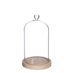 Valentijn Glas stolp hart+hout d14*24cm