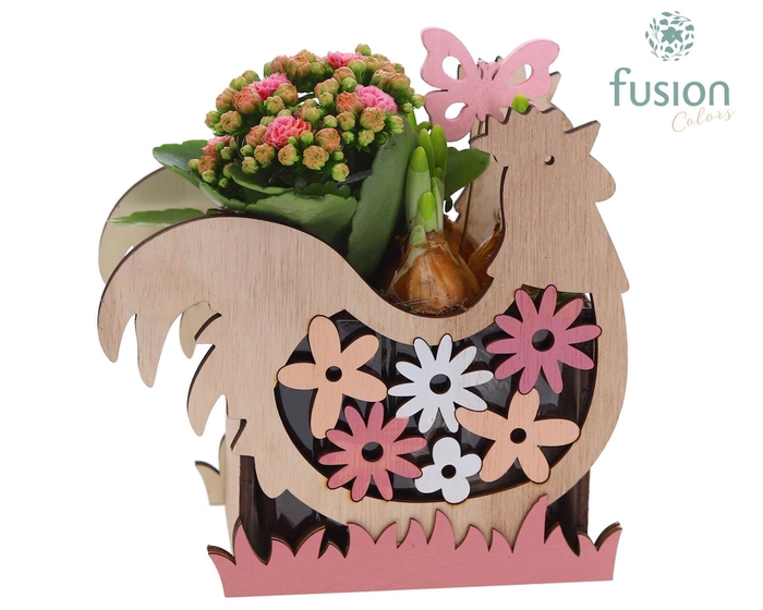 <h4>Pasen houten planter kip met bloemen en Arrangement</h4>