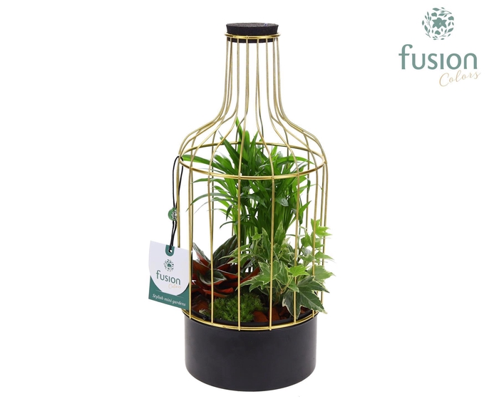 <h4>Metalen fles goudzwart Small met arrangement</h4>