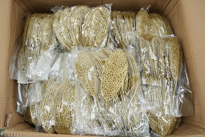 <h4>Pick Leaf glitter open 14x6cm+10cm wire gold 25pce/bag</h4>