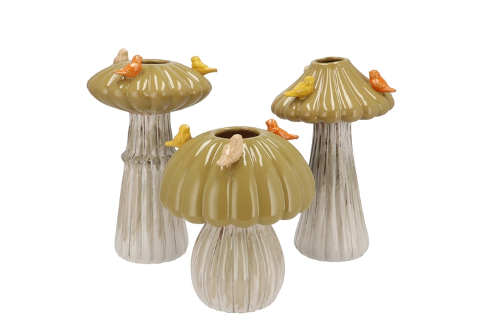 Bird Mushroom Vase Olive Ass 16x16x25cm