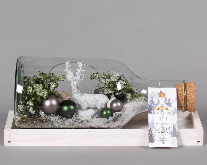 <h4>Green Bottle Fles Small liggend Kerst met Arrangement</h4>