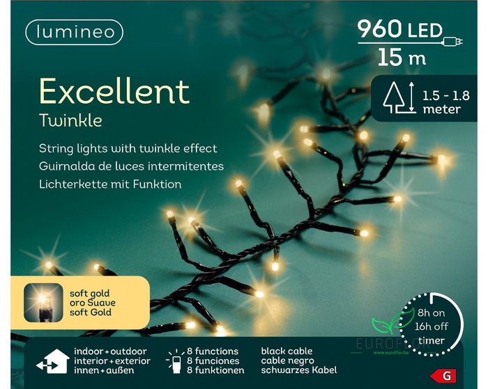 LED EXCELLENT LIGHTS PVC 8 FUNCTIE TWINKEL EFFECT BUITEN ZWART/SOFTGOLD 1500CM