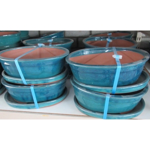 Bonsai pot oval glazed green, with plate ( 30,5x26x11,5)