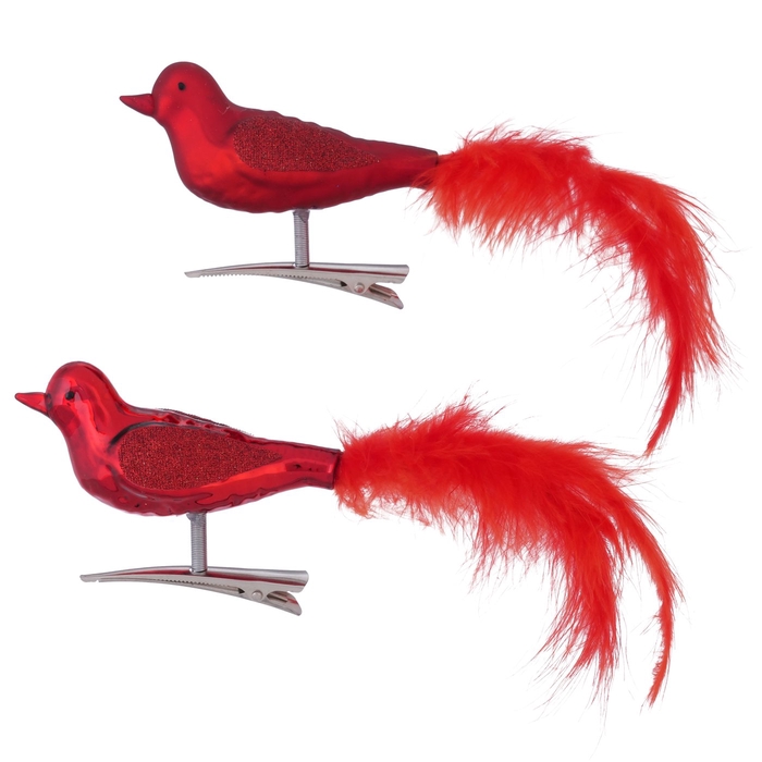 <h4>Christmas pendant Chippy, 2 p., Bird, L 16 cm, H 6 cm, Glitter, Mat, Shiny mixed materials red</h4>