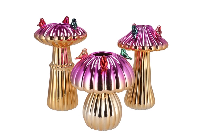 <h4>Bird Mushroom Vase Metalic Fuchsia Ass 16x16x25cm</h4>