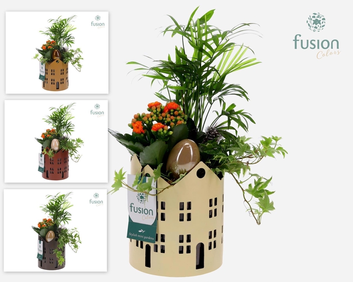 <h4>Zinken Huisjes planter met Pasen Arrangement</h4>