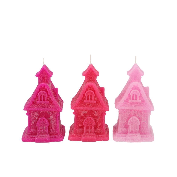 <h4>Candle Frosty Gingerbread House Jolly Pink Mix 8x9x15cm</h4>