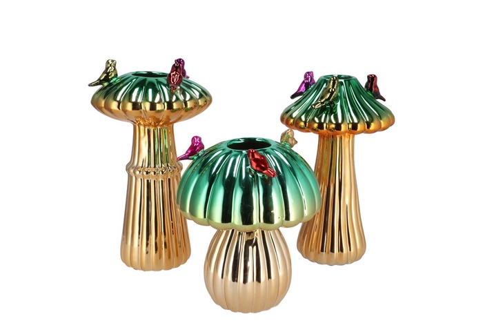 <h4>Bird Mushroom Vase Metalic Green Ass 14x14x20cm</h4>