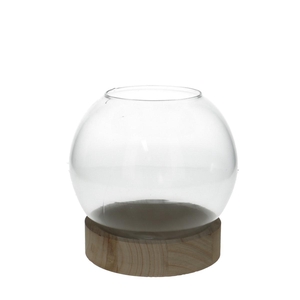 Glas Vaas Bol voet hout d20*21cm