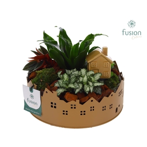 Zinken schaal Huisjes Medium met arrangement