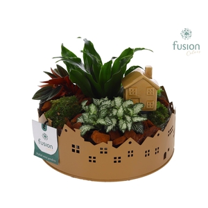 Zinken schaal Huisjes Medium met arrangement