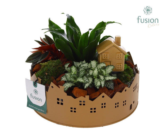 <h4>Zinken schaal Huisjes Medium met arrangement</h4>