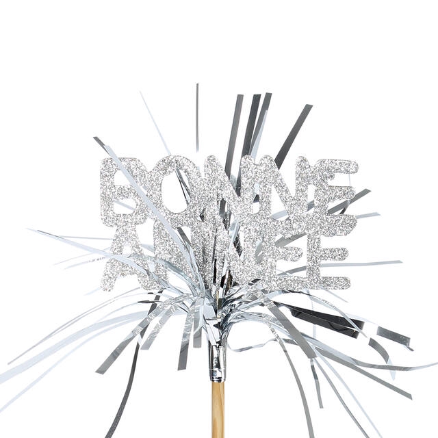 <h4>Bijsteker Bonne Annee 8x4.3cm + 50cm stok zilver</h4>