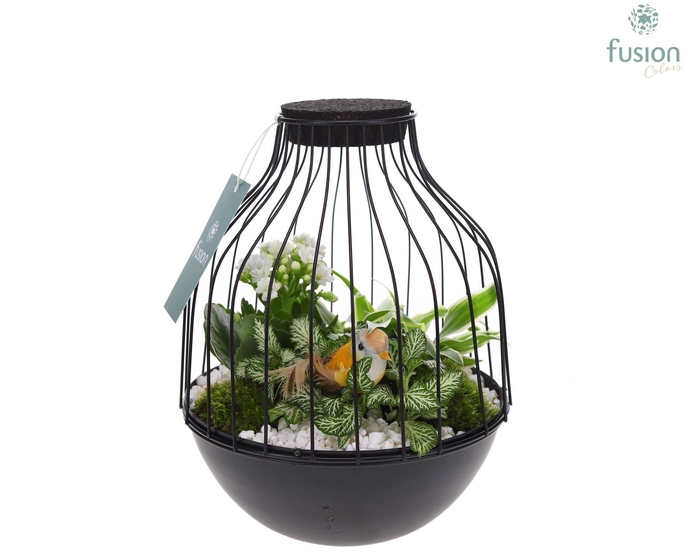 <h4>Vogelkooi metaal zwart Medium met arrangement</h4>