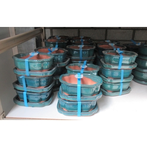 Bonsai pot oval glazed green, with plate (16,5x13x5)