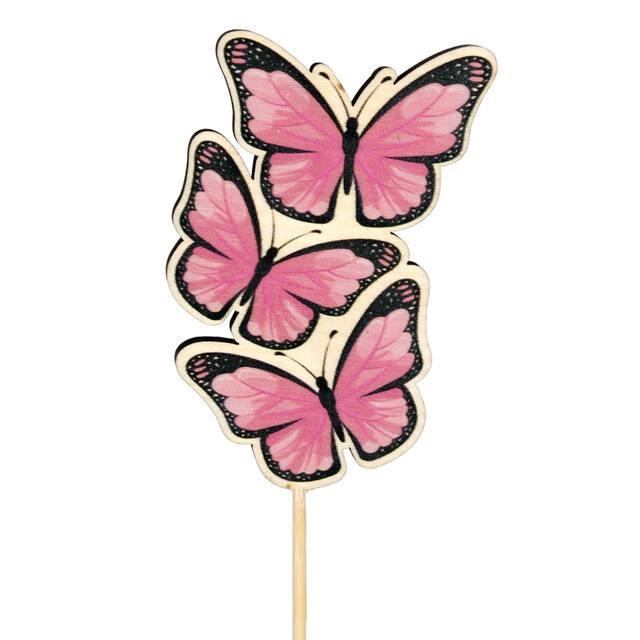 Pick butterfly Trio wood 8x5cm+50cm stick pink