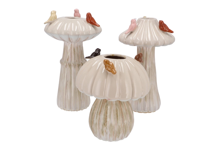 Bird Mushroom Vase White Ass 18x18x31cm