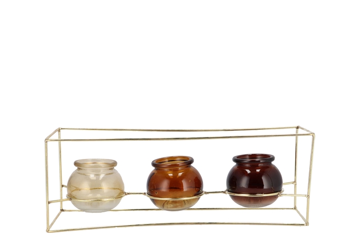Polly Natural Brown Mix Metal Rack 3 Glass Ass 35x11x13cm