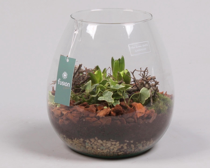 <h4>Green Bottle Abby Large met Hyacint Arrangement</h4>