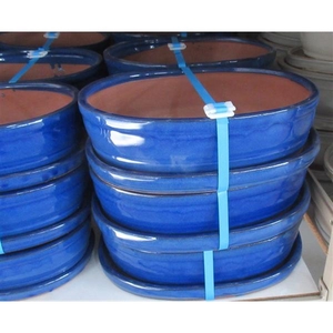 Bonsai pot oval glazed blue, with plate (31x24x9)