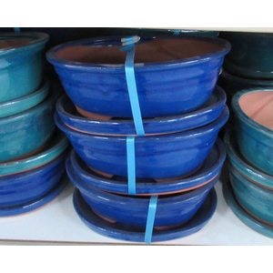 Bonsai pot oval glazed blue, with plate (31x25x12)