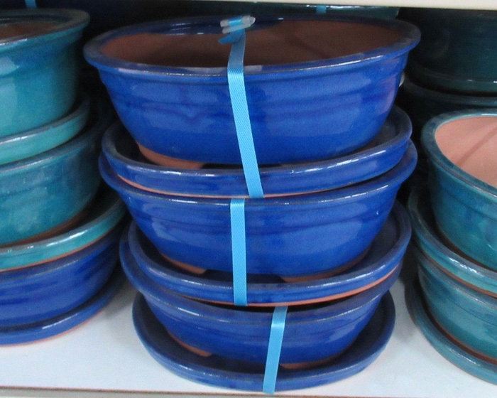 <h4>Bonsai pot oval glazed blue, with plate (31x25x12)</h4>