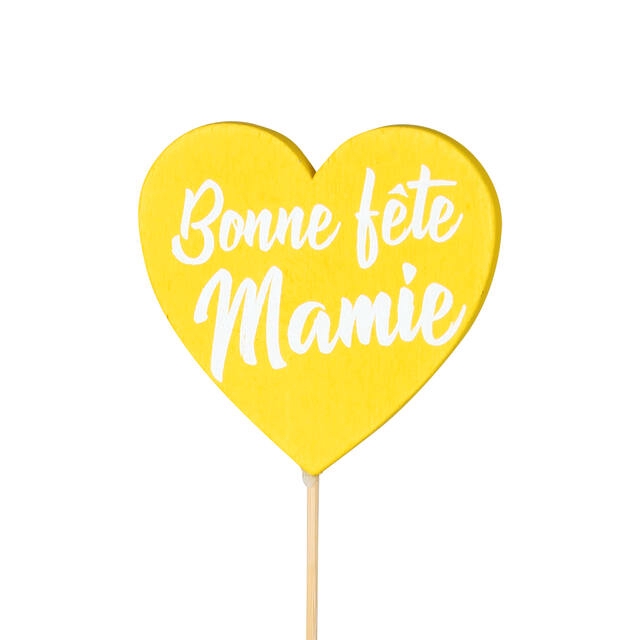 <h4>Bijsteker Bonne Fete Mamie 7x6.5cm+50cm stok geel</h4>