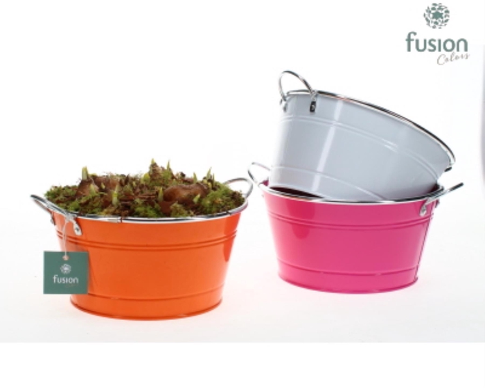 <h4>Zinken schaal rond div. kleuren met narcissen</h4>