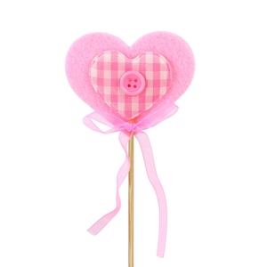 Pick Heart felt gingham 5x6cm+12cm stick pink
