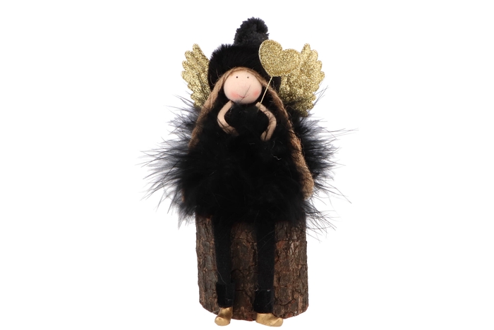 Fluffy Engel Zittend Black/gold 7x10x15cm