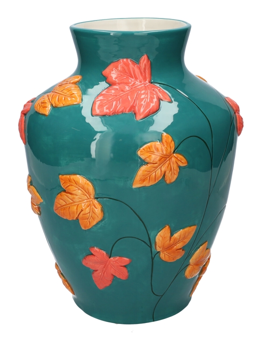 <h4>DF03-730384200 - Vase Leaves d10.5/20xh26 blue/orange</h4>