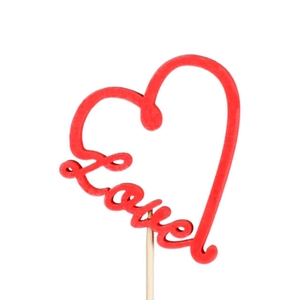 Pick heart Juliet wood 7x8cm +12cm stick red