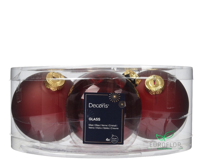 KERSTBAL GLASS 80MM 4PCS OSSENBLOED