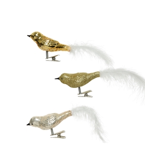 Kerst Deco vogel glas+clip 8cm