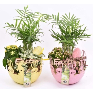 Zink schaal geel/roze paasdec. 16cm