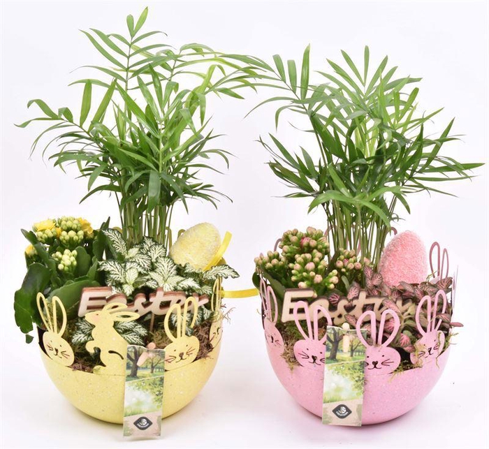 <h4>Zink schaal geel/roze paasdec. 16cm</h4>