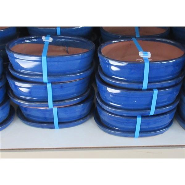 <h4>Bonsai pot oval glazed blue, with plate (27x21x8)</h4>