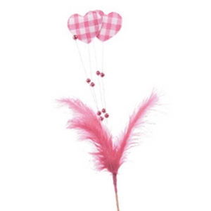 Bijsteker hart+veer+parels 17x7cm+50cm stok roze