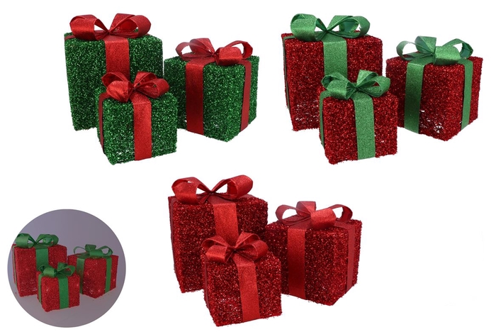 <h4>Sparkle Red/green Giftbox With Led S/3 25x20cm</h4>