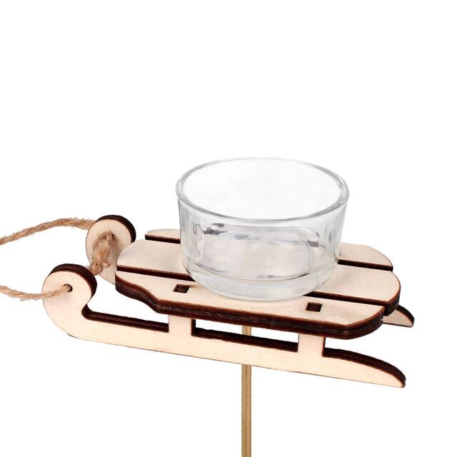 <h4>Bijsteker slee hout+waxine glas 12x8cm+8cm stok</h4>