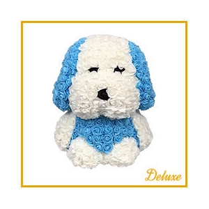 Hond DELUXE op standaard 40cm blauw/wit in luxe cadeauverpakking !!!