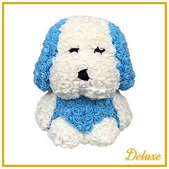 Hond DELUXE op standaard 40cm blauw/wit in luxe cadeauverpakking !!!