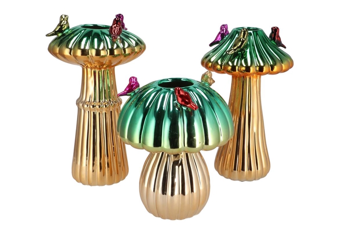 <h4>Bird Mushroom Vase Metalic Green Ass 18x18x31cm Nm</h4>