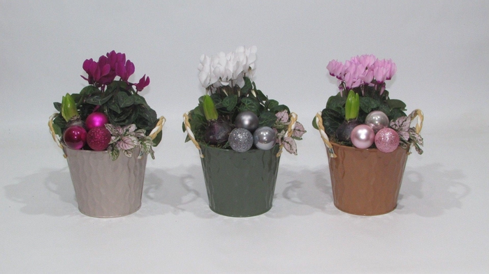 <h4>Collectie "X-mas Time" Arrangement in zinken pot Nora met kerstballen</h4>