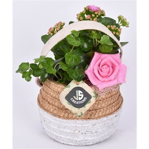 Cement pot met jute handvat 14,5cm