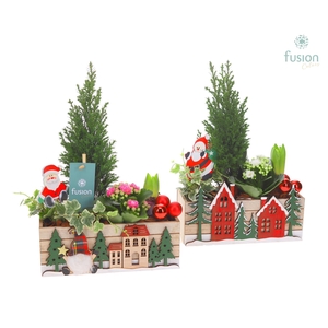 Kerst planter hout met arrangement