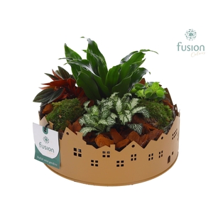 Zinken schaal Huisjes Medium met arrangement