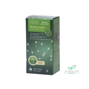 LAMP MICRO LED DURAWISE STRINGLIGHTS 8 FUNCTIE TWINKEL 245CM 50LAMP WARMWIT ZILVERDRAAD TIMER OUTDOOR (op batterijen)