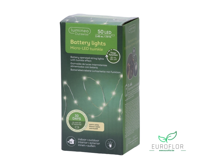 LAMP MICRO LED DURAWISE STRINGLIGHTS 8 FUNCTIE TWINKEL 245CM 50LAMP WARMWIT ZILVERDRAAD TIMER OUTDOOR (op batterijen)